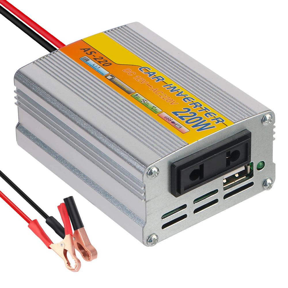 220W Power Inverter Car Mounted Solar Inverter USB Voltage Transformer Portable DC 12V To AC 220V Conversion USB Battery Clip