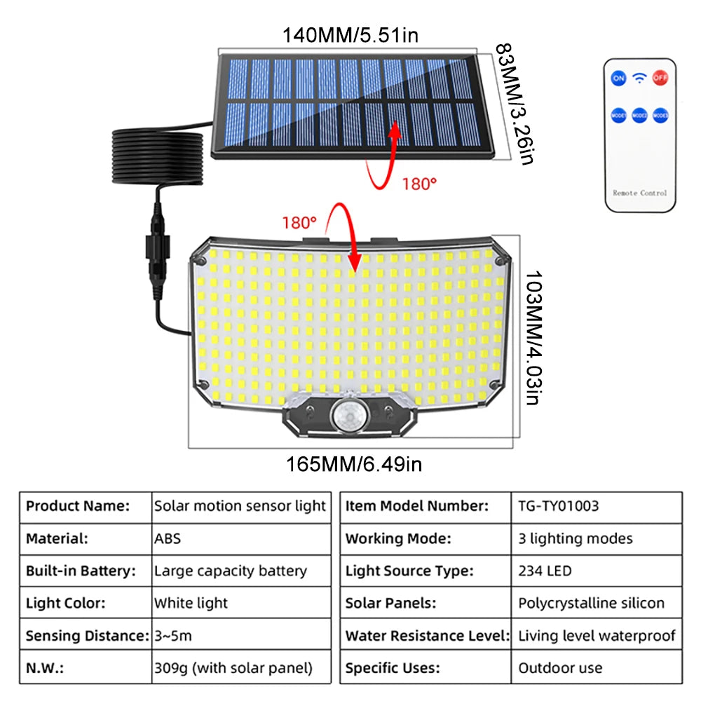 Solar Lights 234LED Solar Security Lights Outdoor Garden Motion Sensor 3 Modes Waterproof Split Solar Flood Wall Lights Garage