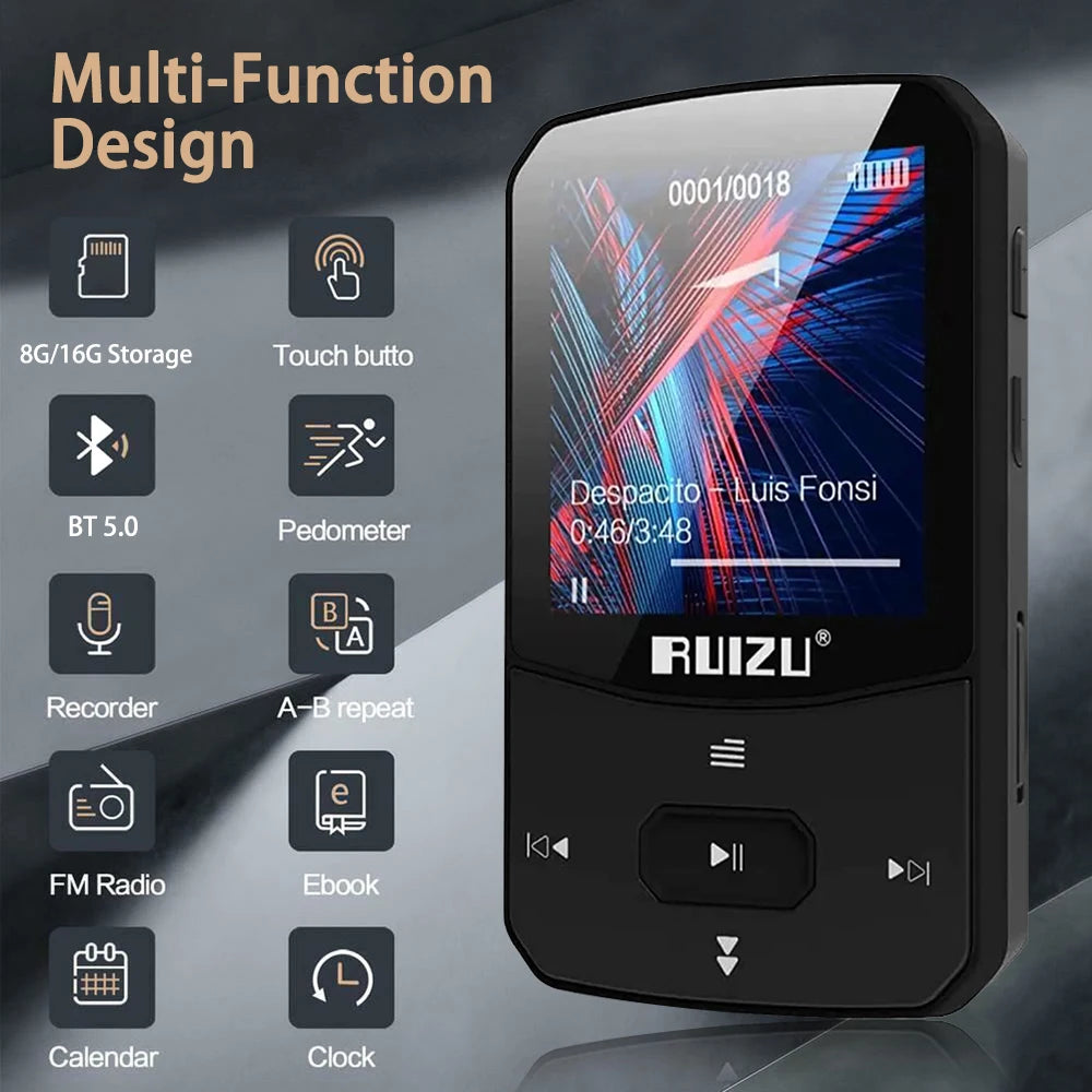 X52 Sport Bluetooth MP3 Player Portable Back clip Mini Music Walkman With Screen Support FM,Recording,Clock,Pedometer Radio