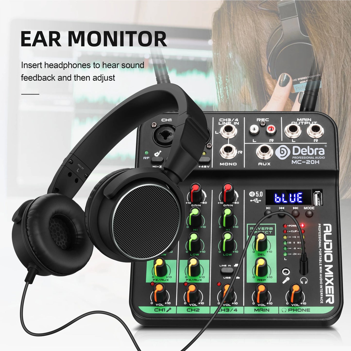 Debra 4 Channels Audio Mixer UHF Wireless Microphone Audio Interface Mixing Console Bluetooth Record PC  Delay Repaeat Effect