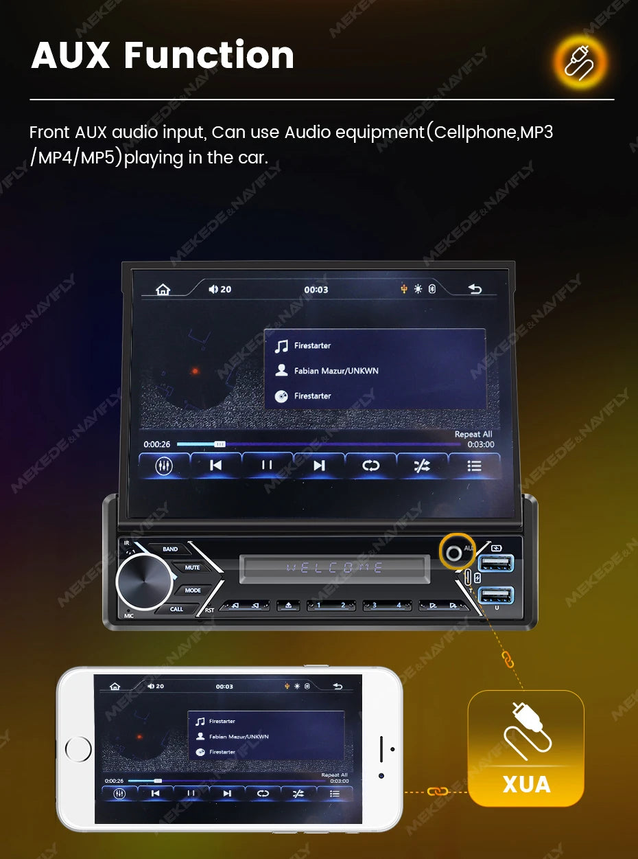 MEKEDE 1Din 7" Retractable Screen MP5 Player Car Radio Android Auto Carplay Universal GPS Navi Car Multimedia Intelligent System