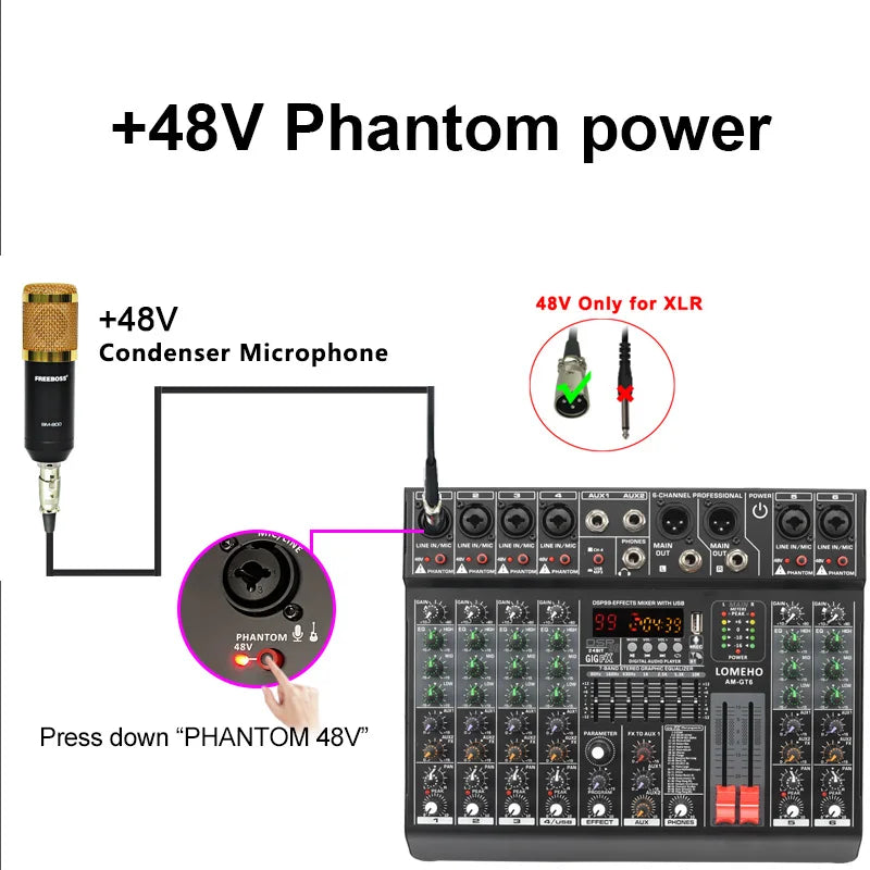 LOMEHO 6 Mono Channels Mixing Console 99 Digital Effects Bluetooth USB PC Sound Audio Mixer with 48V for Karaoke Church AM-GT6