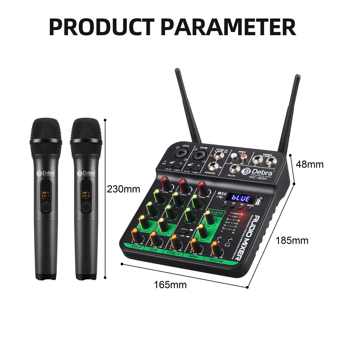 Debra 4 Channels Audio Mixer UHF Wireless Microphone Audio Interface Mixing Console Bluetooth Record PC  Delay Repaeat Effect