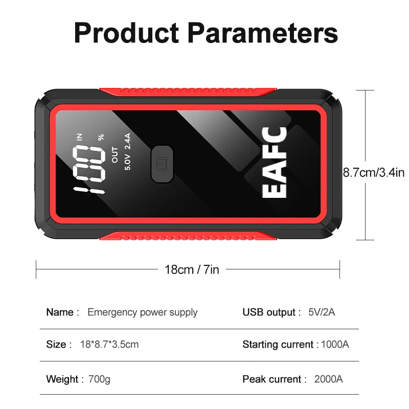 EAFC 2000A/1200A Portable Car Portable Jump Starter With Power Bank Fast Charge 12V Auto Battery Charger Booster Starting Device