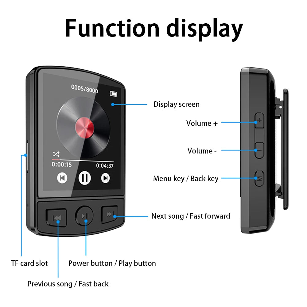 MP3 Player Bluetooth 5.2 1.77 inch Screen Music Player with Speakers Lossless Sound Quality with Recording E-Book Video Playing