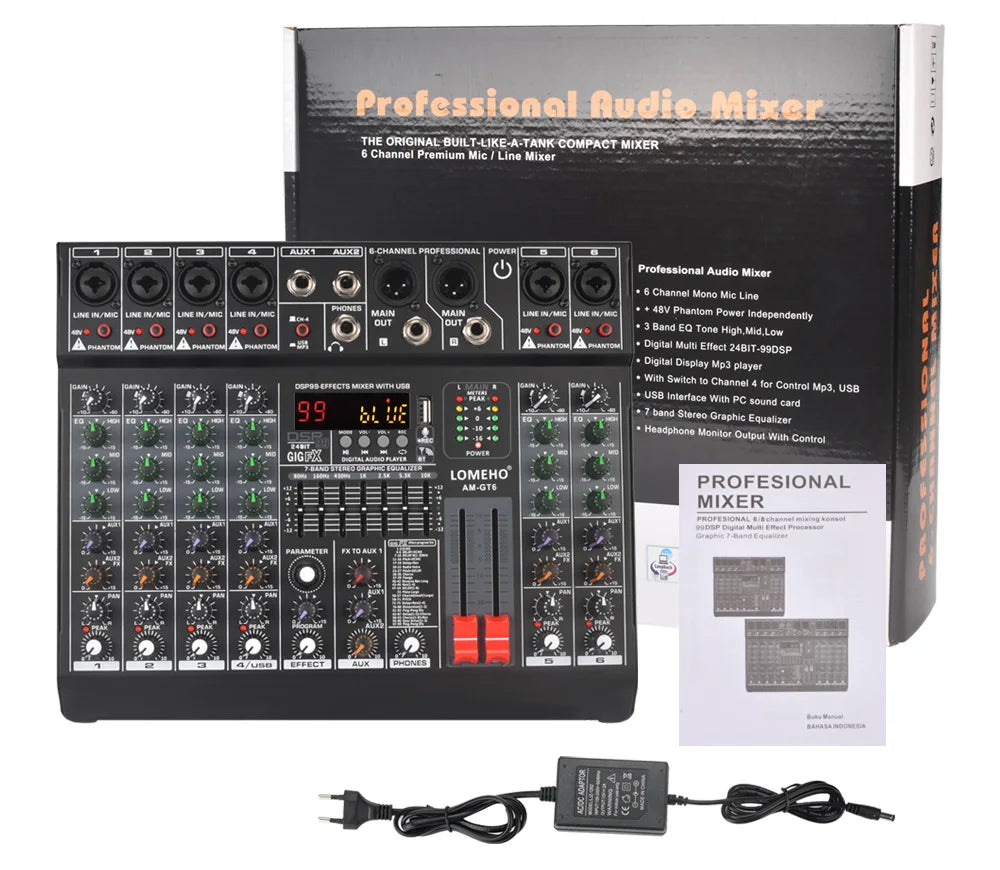 LOMEHO 6 Mono Channels Mixing Console 99 Digital Effects Bluetooth USB PC Sound Audio Mixer with 48V for Karaoke Church AM-GT6