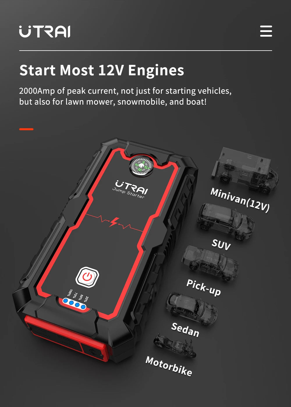 UTRAI 2000A Jump Starter Power Bank Portable Charger Starting Device For 8.0L/6.0L Emergency Car Battery Jump Starter