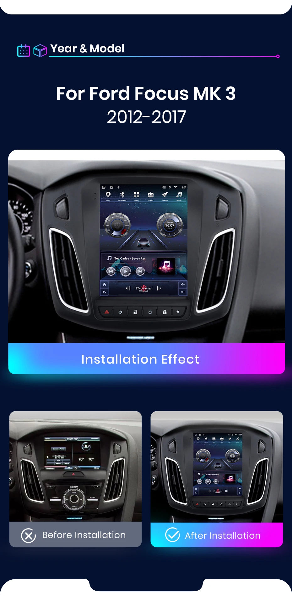 Junsun For Tesla Style Android Auto 4G Wireless Carplay DSP Car Radio Multimedia Player For Ford Focus MK 3 2012-2017 no 2din