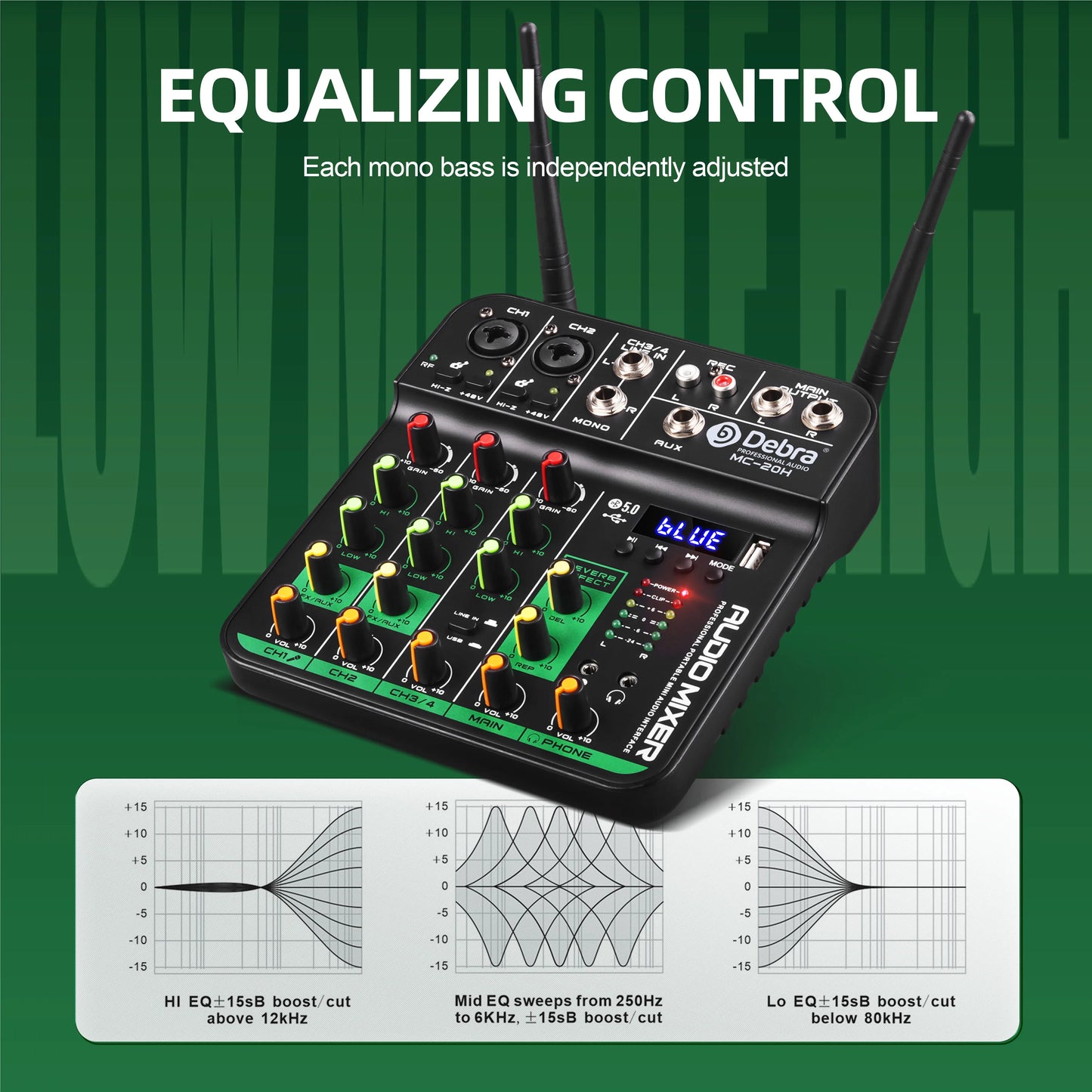 Debra 4 Channels Audio Mixer UHF Wireless Microphone Audio Interface Mixing Console Bluetooth Record PC  Delay Repaeat Effect