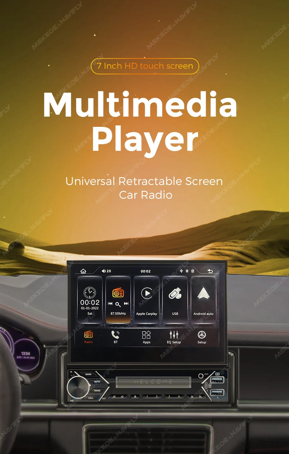 MEKEDE 1Din 7" Retractable Screen MP5 Player Car Radio Android Auto Carplay Universal GPS Navi Car Multimedia Intelligent System