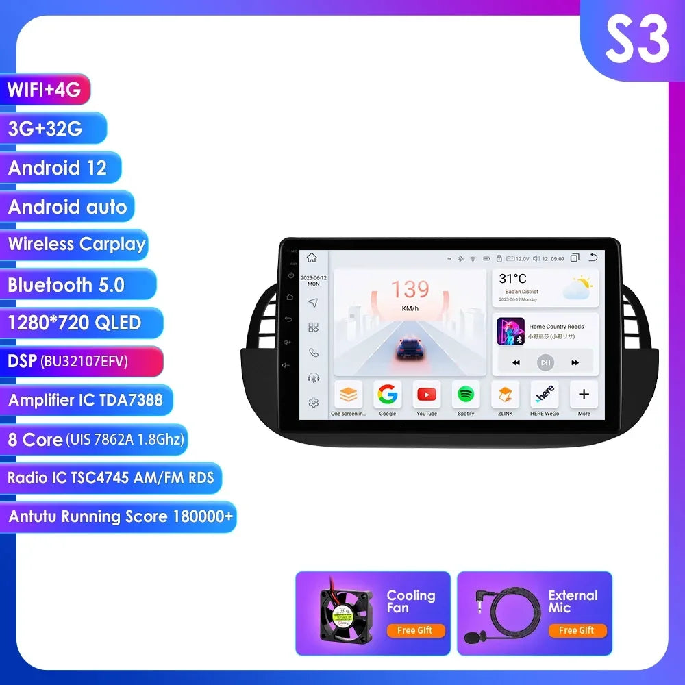 4G Carplay 2Din Android Auto Radio for FIAT 500 Car Multimedia Player Stereo GPS Navigation DVD Video DSP RDS DTV AM FM Audio BT