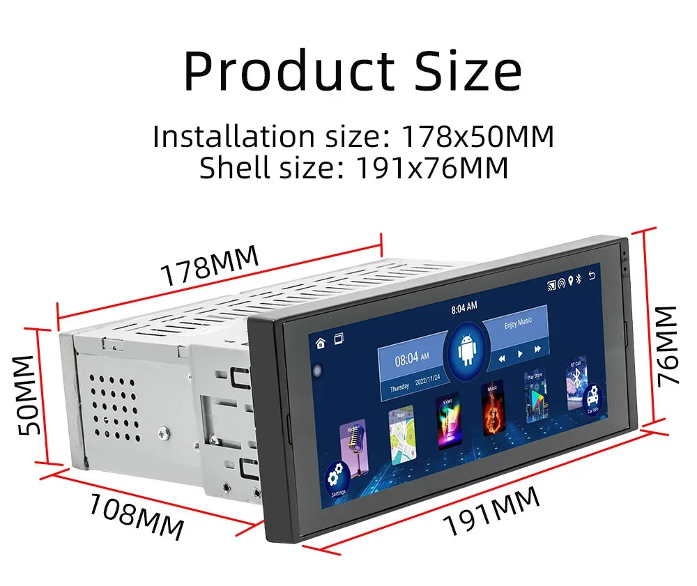 1 Din Android Car Radio Wireless CarPlay Mirror Link Bluetooth WiFi Android-Auto 6.86 Inches GPS Navigation Multimedia Player