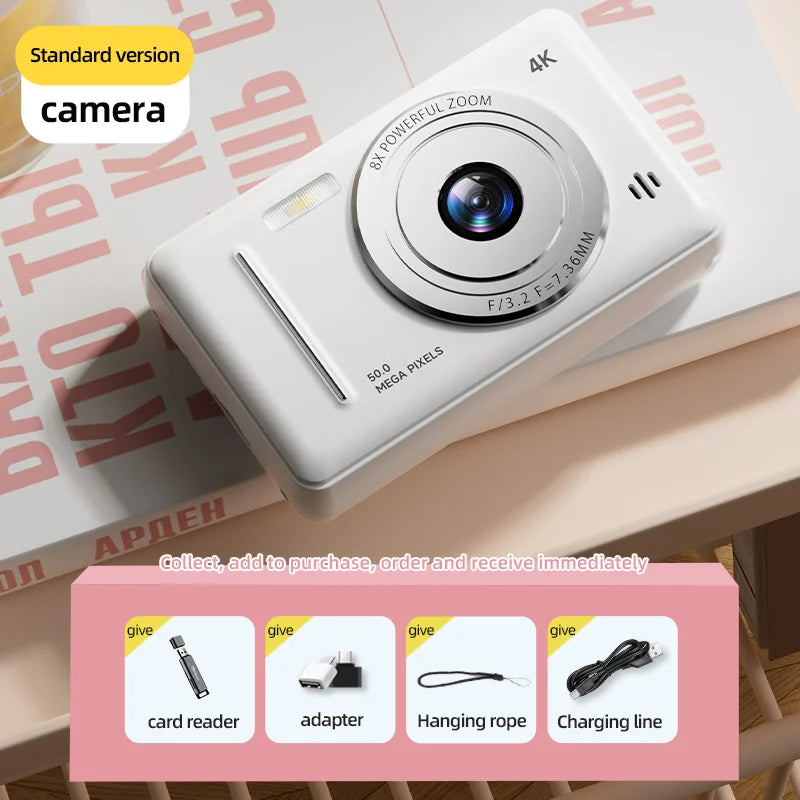 2025 New 4K Digital Camera Retro CCD 50 Million Pixels Portable Card Camera Entry-level Camera Dual Cam Flash 8X Zoom Auto Focus
