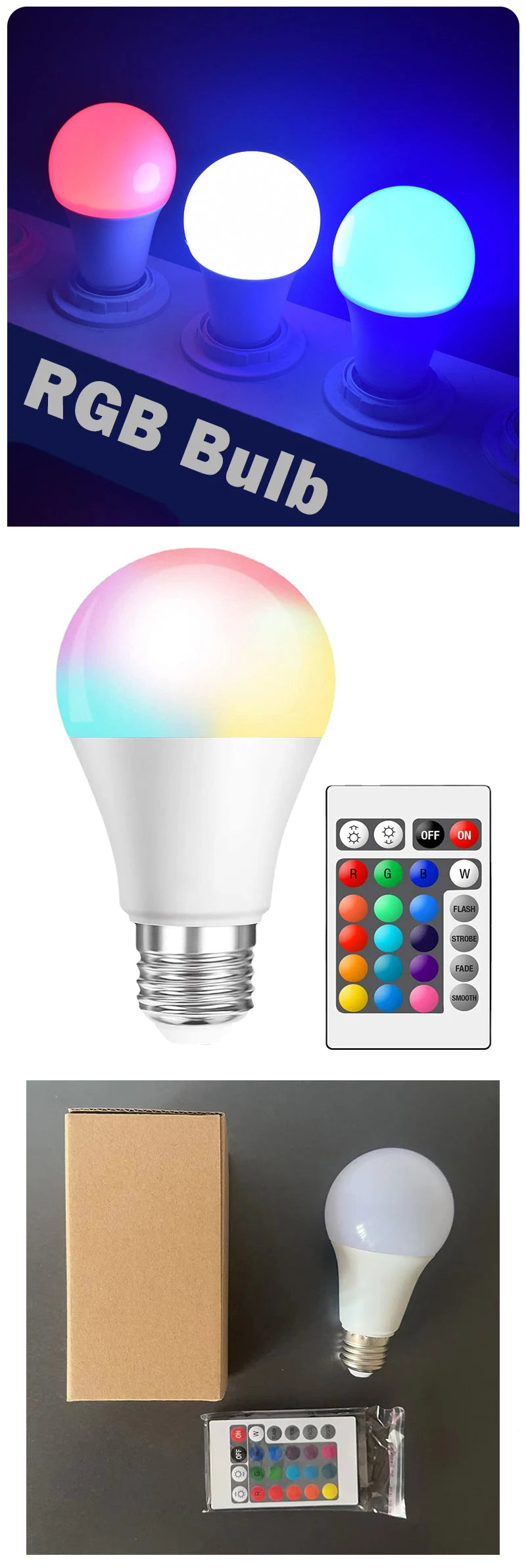 16 Colors RGB Bulb LED Multicolor Bulb E27 Base 220V Household Lighting Dimmable 24 Key Remote Control Atmosphere Neon Light