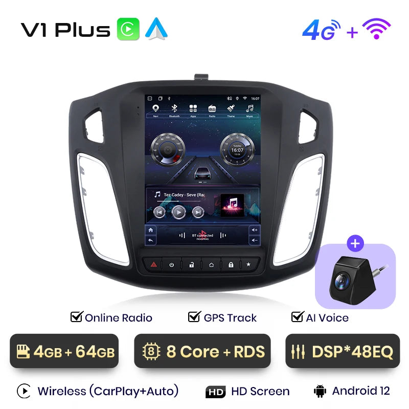 Junsun For Tesla Style Android Auto 4G Wireless Carplay DSP Car Radio Multimedia Player For Ford Focus MK 3 2012-2017 no 2din