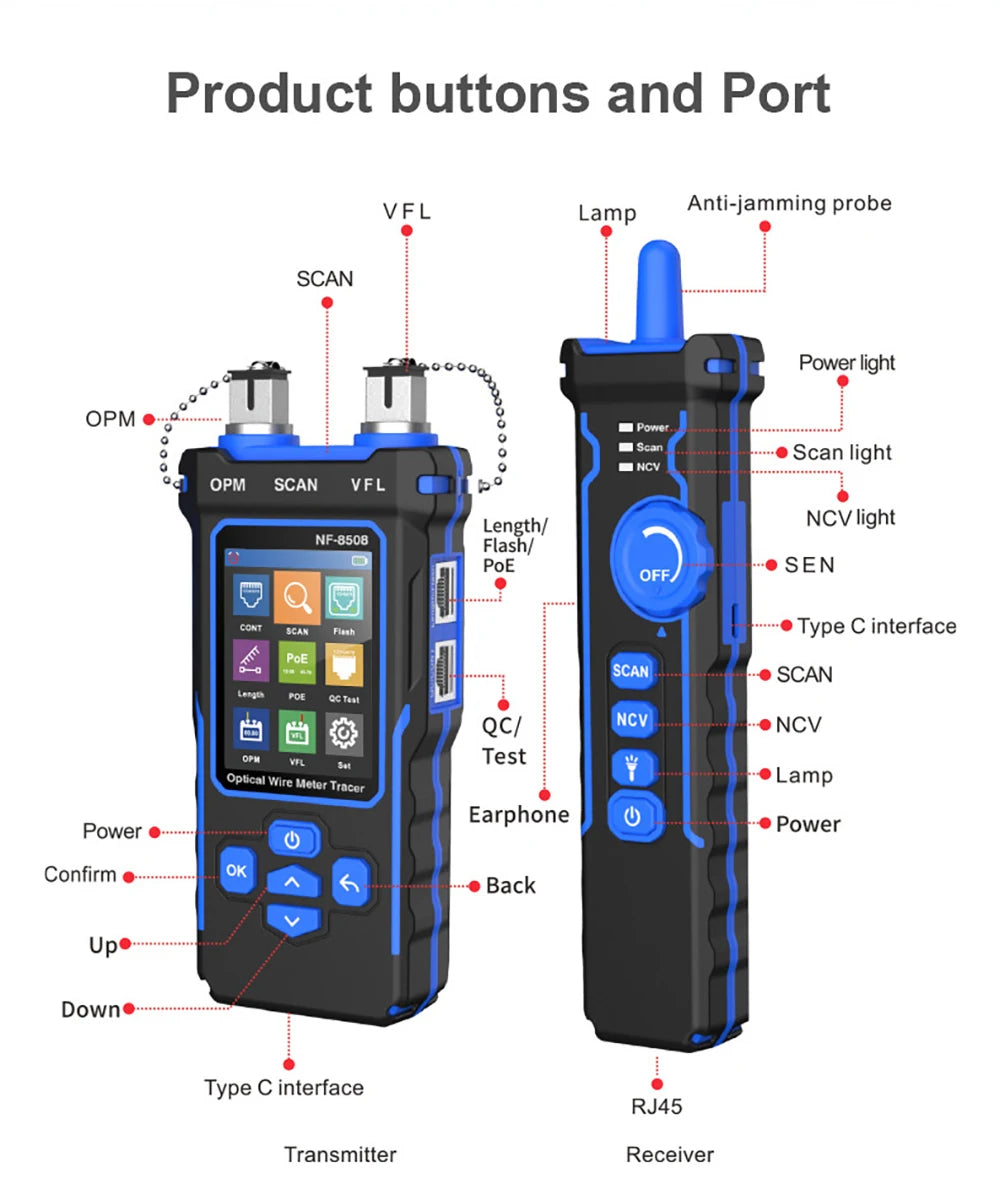 NOYAFA NF-8508 Cable Tracker LCD Display Network Tools Measure Length Wiremap Tester PoE Checker Optical Power Meter