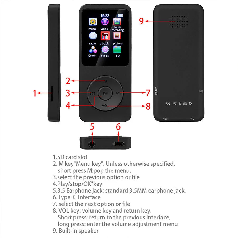 MP3 Player 1.8 in Screen HiFi Lossless Music Player Bluetooth-Compatible5.4 Type-C Music Stereo Player Built-in Speaker for Kids
