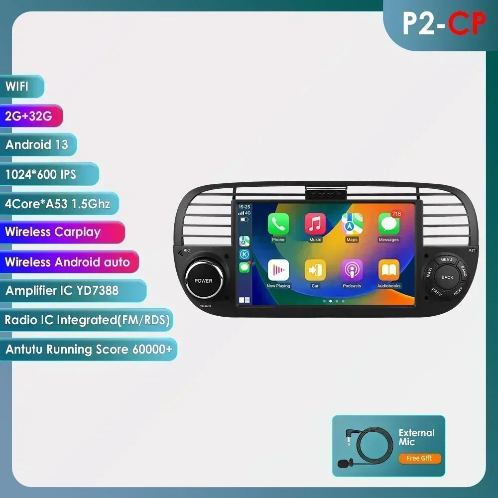 4G Carplay 2Din Android Auto Radio for FIAT 500 Car Multimedia Player Stereo GPS Navigation DVD Video DSP RDS DTV AM FM Audio BT