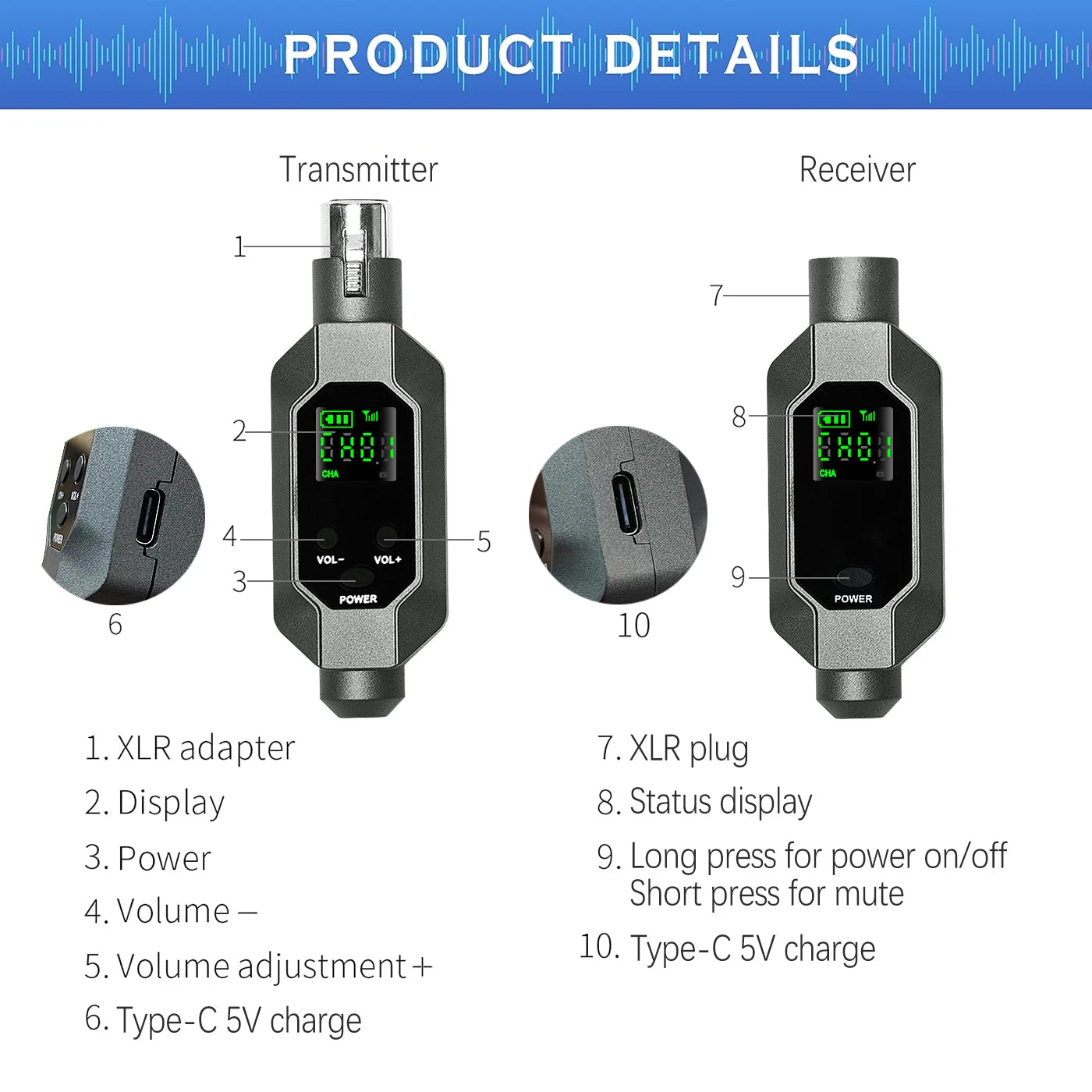 Wired to Wireless Microphone System Wireless Microphone Converter XLR Transmitter and Receiver for Dynamic Microphone