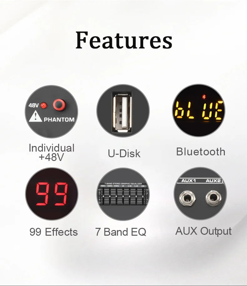 LOMEHO 6 Mono Channels Mixing Console 99 Digital Effects Bluetooth USB PC Sound Audio Mixer with 48V for Karaoke Church AM-GT6