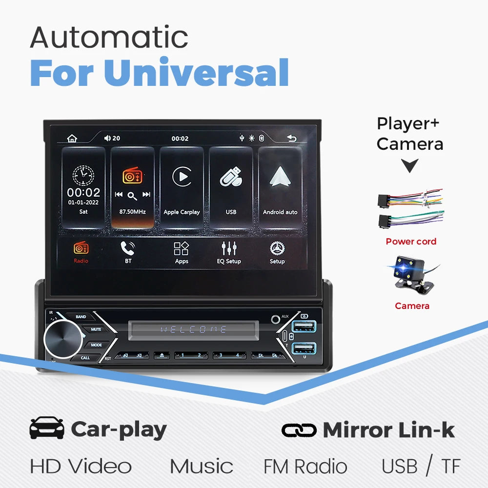 MEKEDE 1Din 7" Retractable Screen MP5 Player Car Radio Android Auto Carplay Universal GPS Navi Car Multimedia Intelligent System