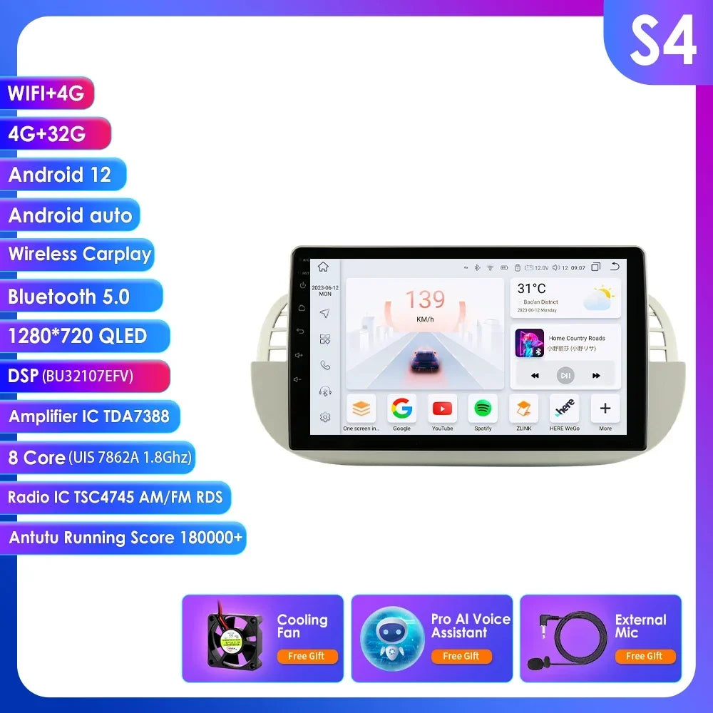 4G Carplay 2Din Android Auto Radio for FIAT 500 Car Multimedia Player Stereo GPS Navigation DVD Video DSP RDS DTV AM FM Audio BT