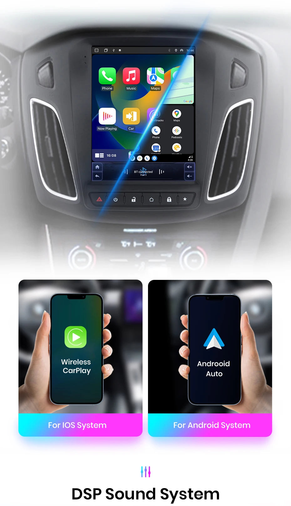 Junsun For Tesla Style Android Auto 4G Wireless Carplay DSP Car Radio Multimedia Player For Ford Focus MK 3 2012-2017 no 2din