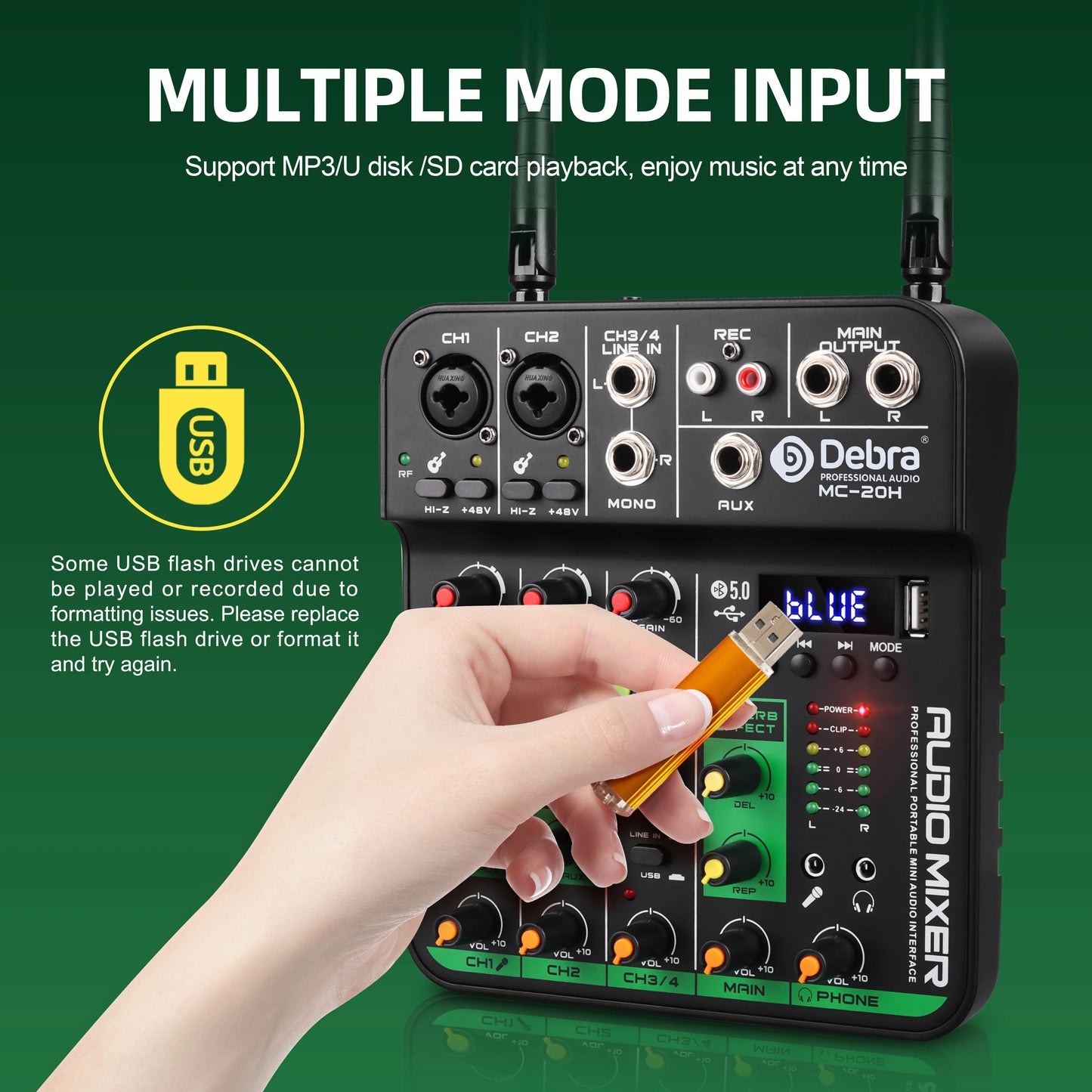 Debra 4 Channels Audio Mixer UHF Wireless Microphone Audio Interface Mixing Console Bluetooth Record PC  Delay Repaeat Effect