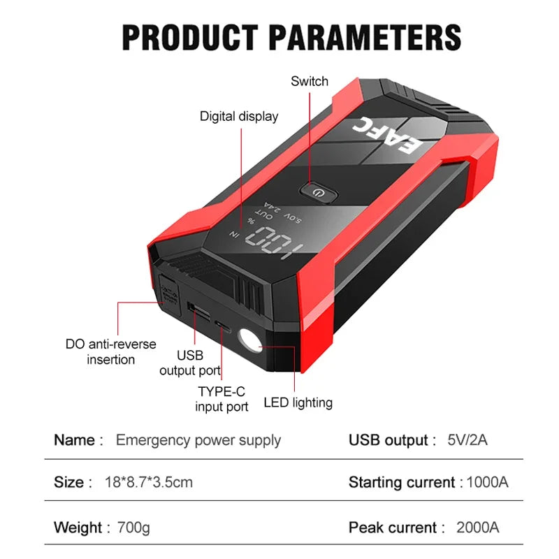 EAFC 2000A/1200A Portable Car Portable Jump Starter With Power Bank Fast Charge 12V Auto Battery Charger Booster Starting Device