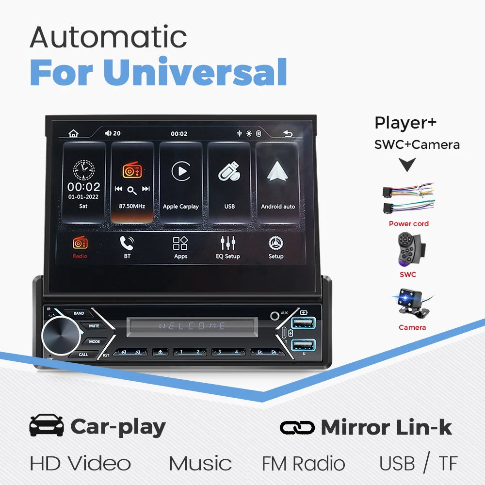 MEKEDE 1Din 7" Retractable Screen MP5 Player Car Radio Android Auto Carplay Universal GPS Navi Car Multimedia Intelligent System