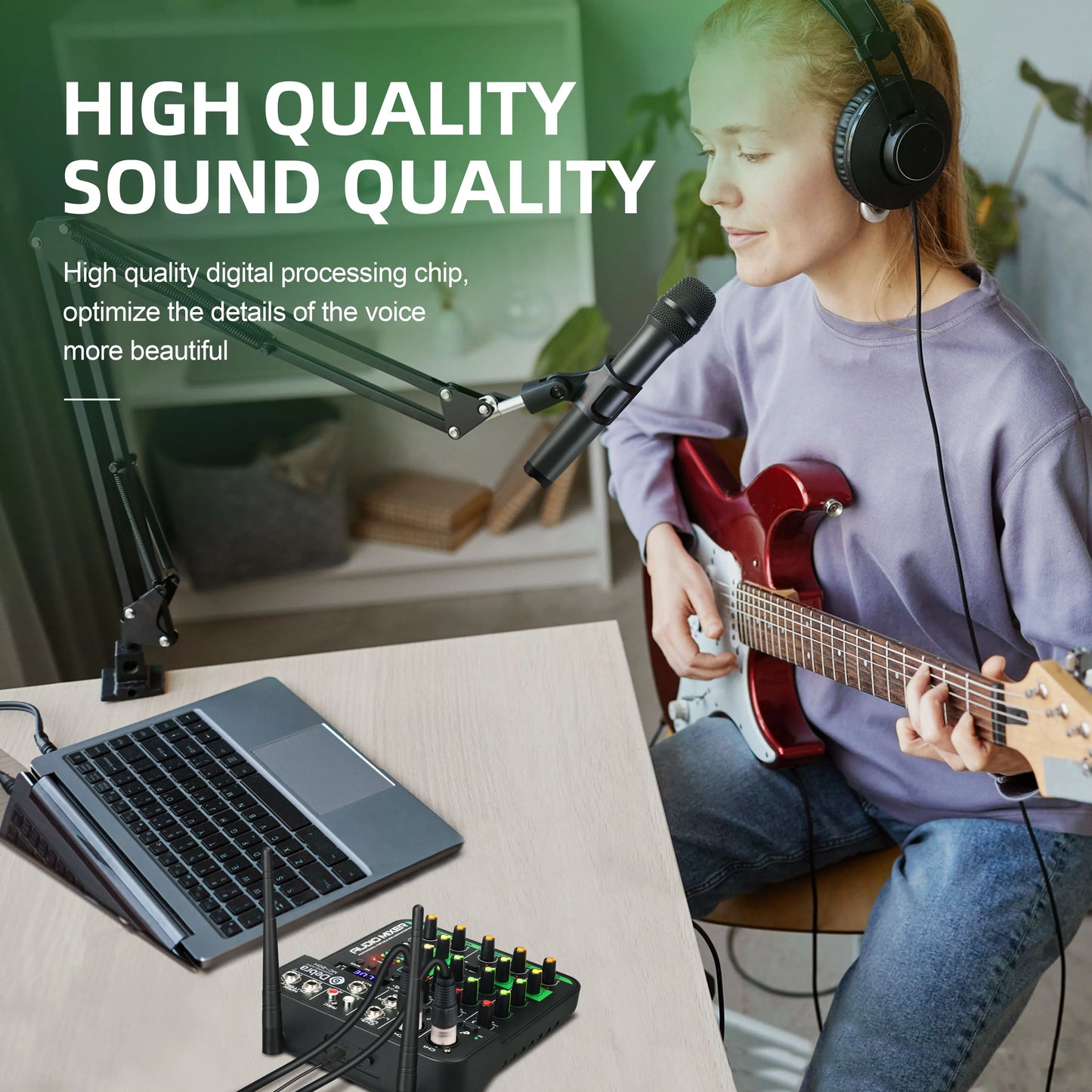 Debra 4 Channels Audio Mixer UHF Wireless Microphone Audio Interface Mixing Console Bluetooth Record PC  Delay Repaeat Effect