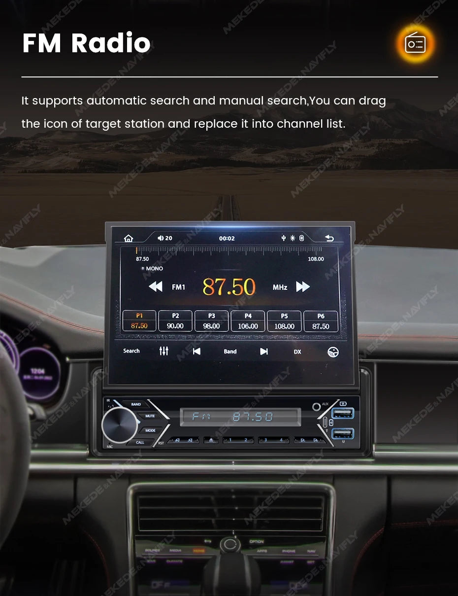 MEKEDE 1Din 7" Retractable Screen MP5 Player Car Radio Android Auto Carplay Universal GPS Navi Car Multimedia Intelligent System