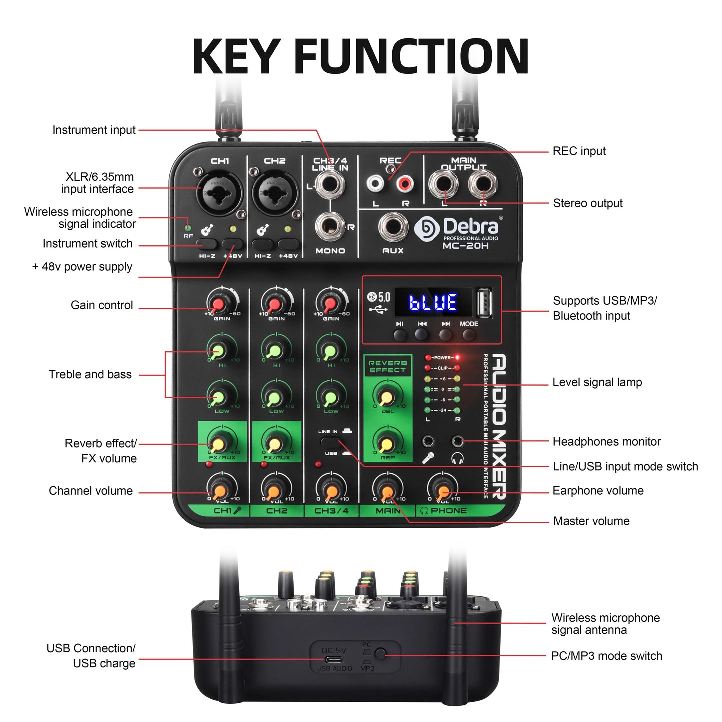 Debra 4 Channels Audio Mixer UHF Wireless Microphone Audio Interface Mixing Console Bluetooth Record PC  Delay Repaeat Effect