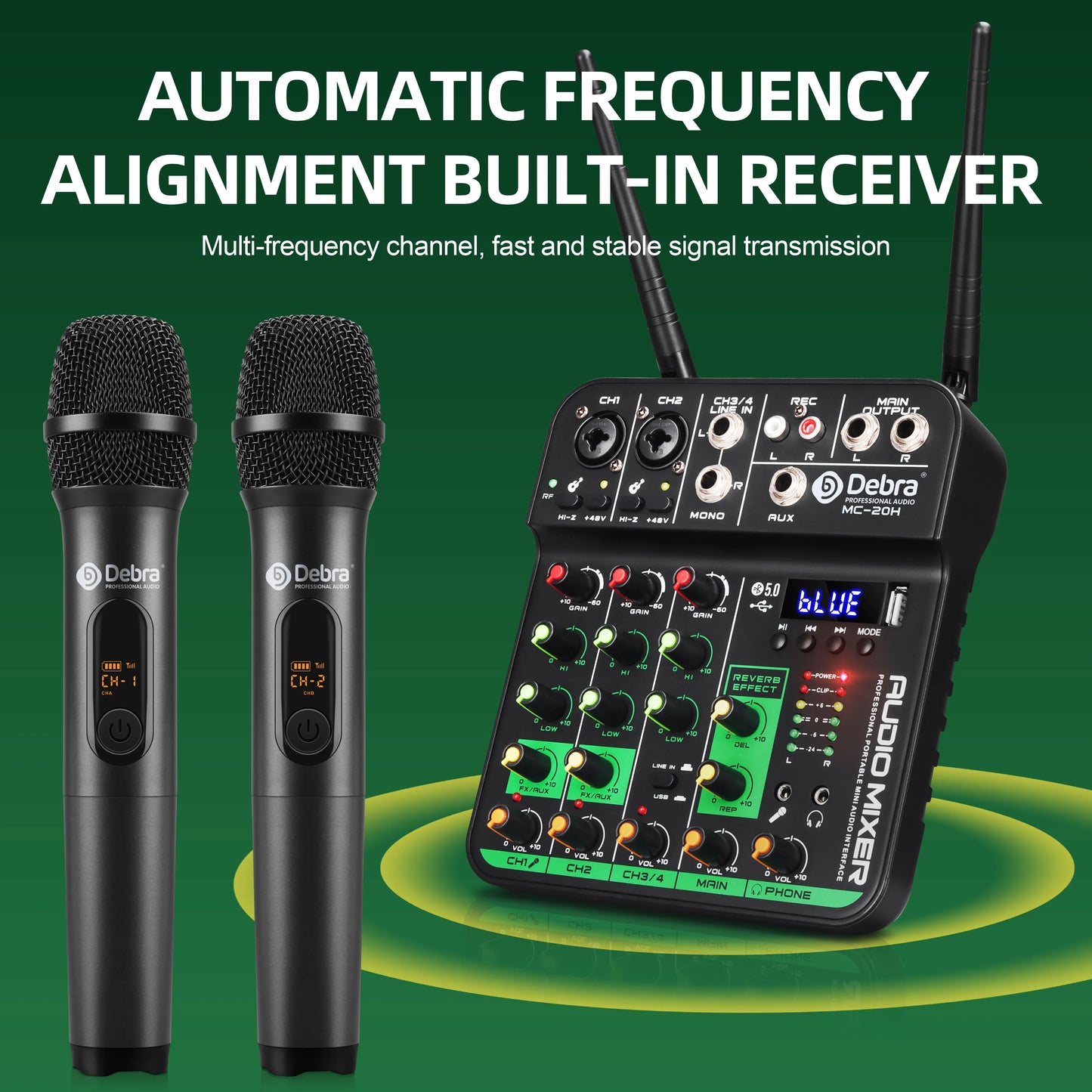 Debra 4 Channels Audio Mixer UHF Wireless Microphone Audio Interface Mixing Console Bluetooth Record PC  Delay Repaeat Effect