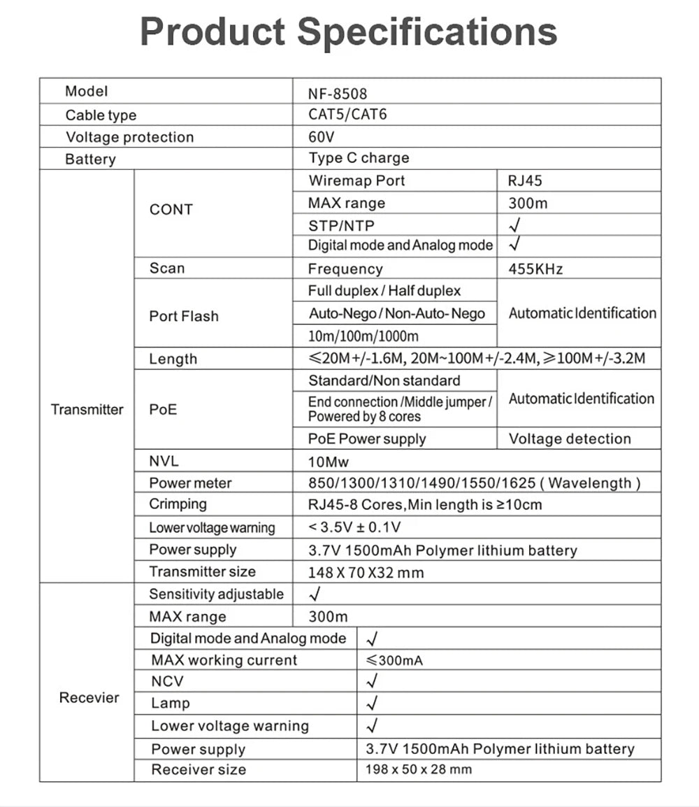NOYAFA NF-8508 Cable Tracker LCD Display Network Tools Measure Length Wiremap Tester PoE Checker Optical Power Meter