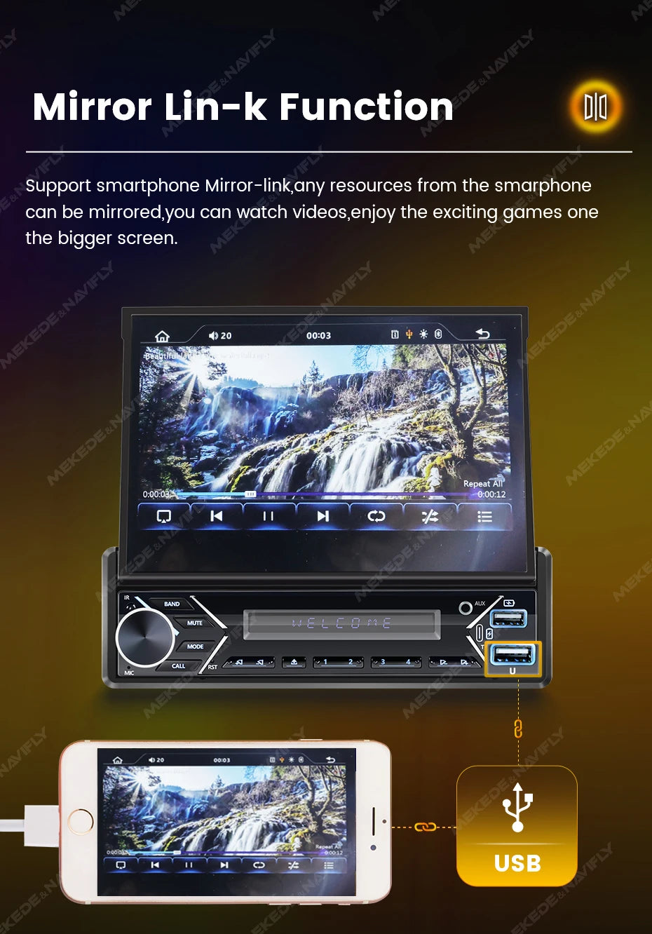 MEKEDE 1Din 7" Retractable Screen MP5 Player Car Radio Android Auto Carplay Universal GPS Navi Car Multimedia Intelligent System