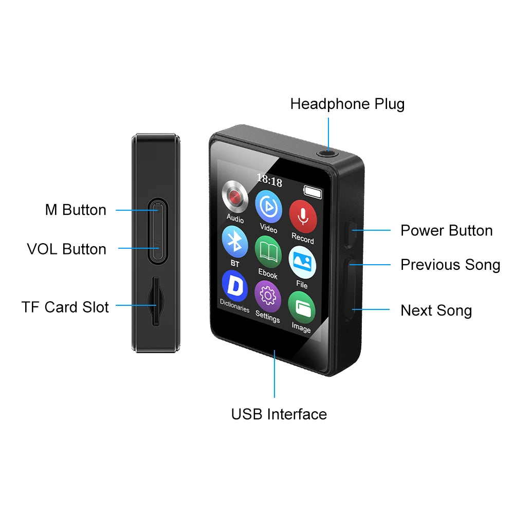 Portable BT MP3 Player Wireless Mini Digital HiFi Lossless Sound Music Players Small Black Walkman Audio Player