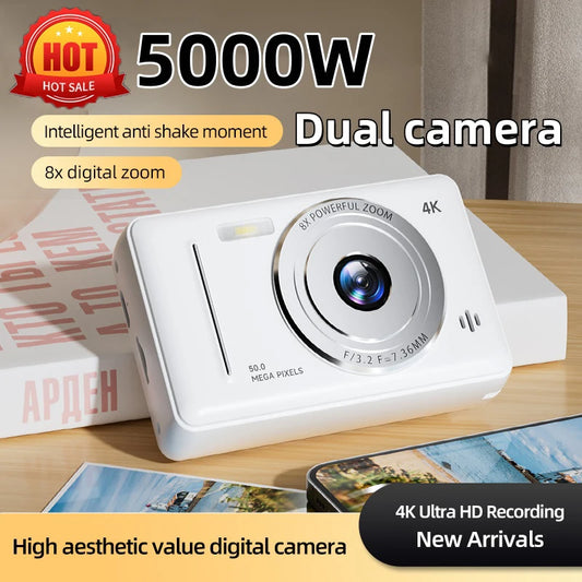 2025 New 4K Digital Camera Retro CCD 50 Million Pixels Portable Card Camera Entry-level Camera Dual Cam Flash 8X Zoom Auto Focus