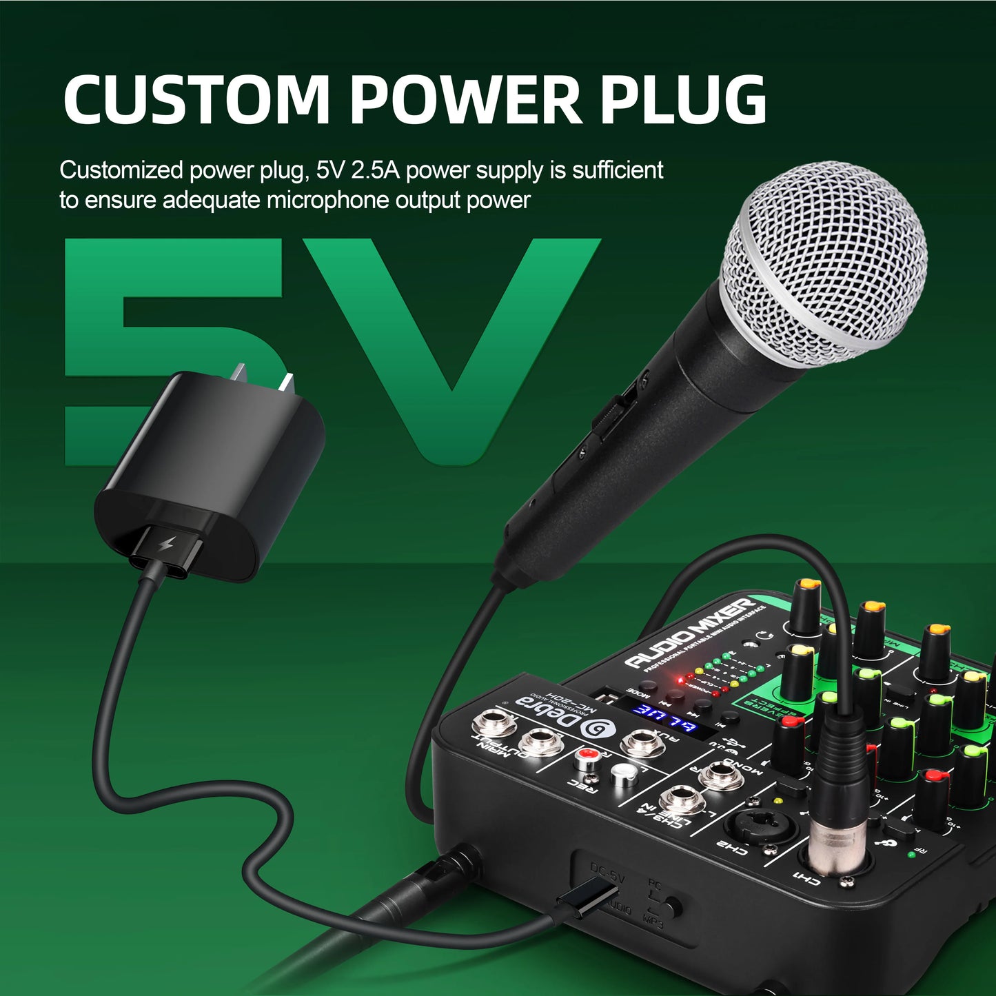 Debra 4 Channels Audio Mixer UHF Wireless Microphone Audio Interface Mixing Console Bluetooth Record PC  Delay Repaeat Effect