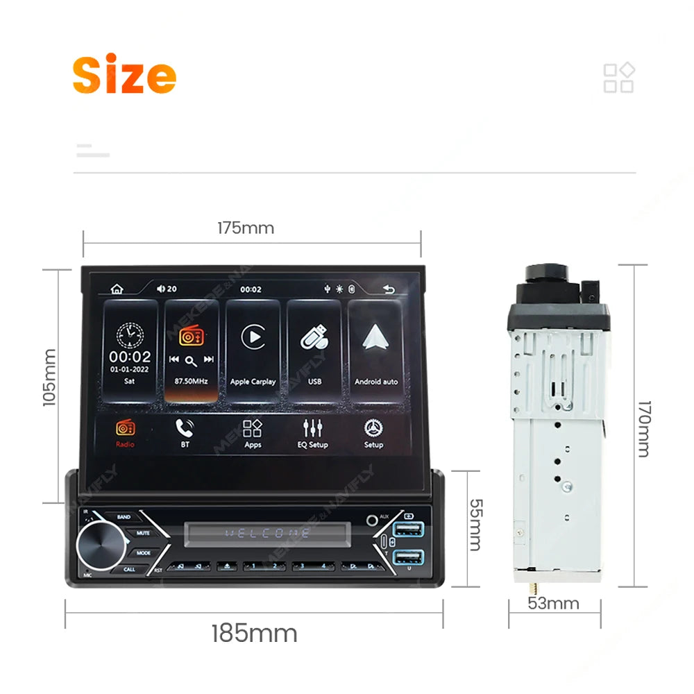 MEKEDE 1Din 7" Retractable Screen MP5 Player Car Radio Android Auto Carplay Universal GPS Navi Car Multimedia Intelligent System