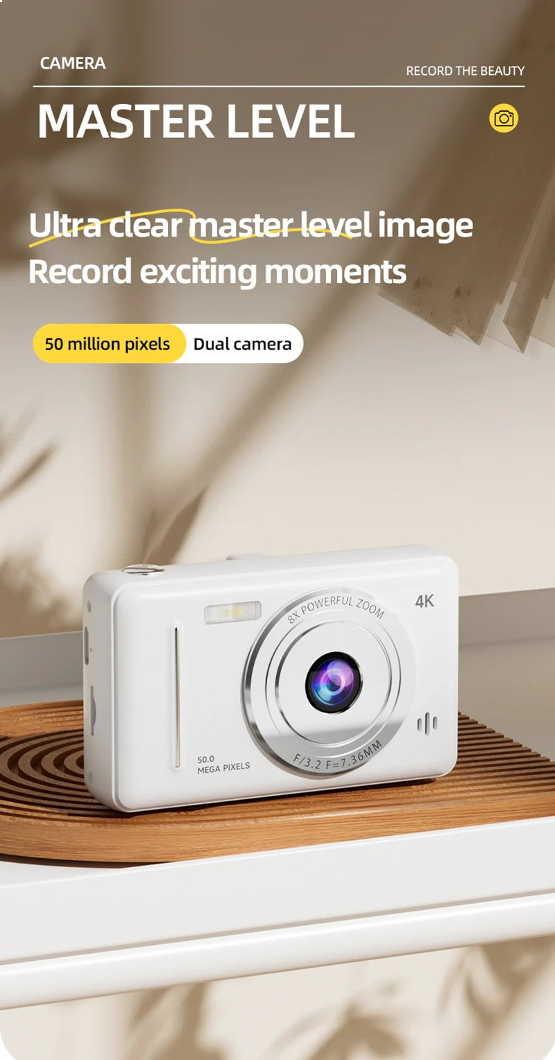 2025 New 4K Digital Camera Retro CCD 50 Million Pixels Portable Card Camera Entry-level Camera Dual Cam Flash 8X Zoom Auto Focus