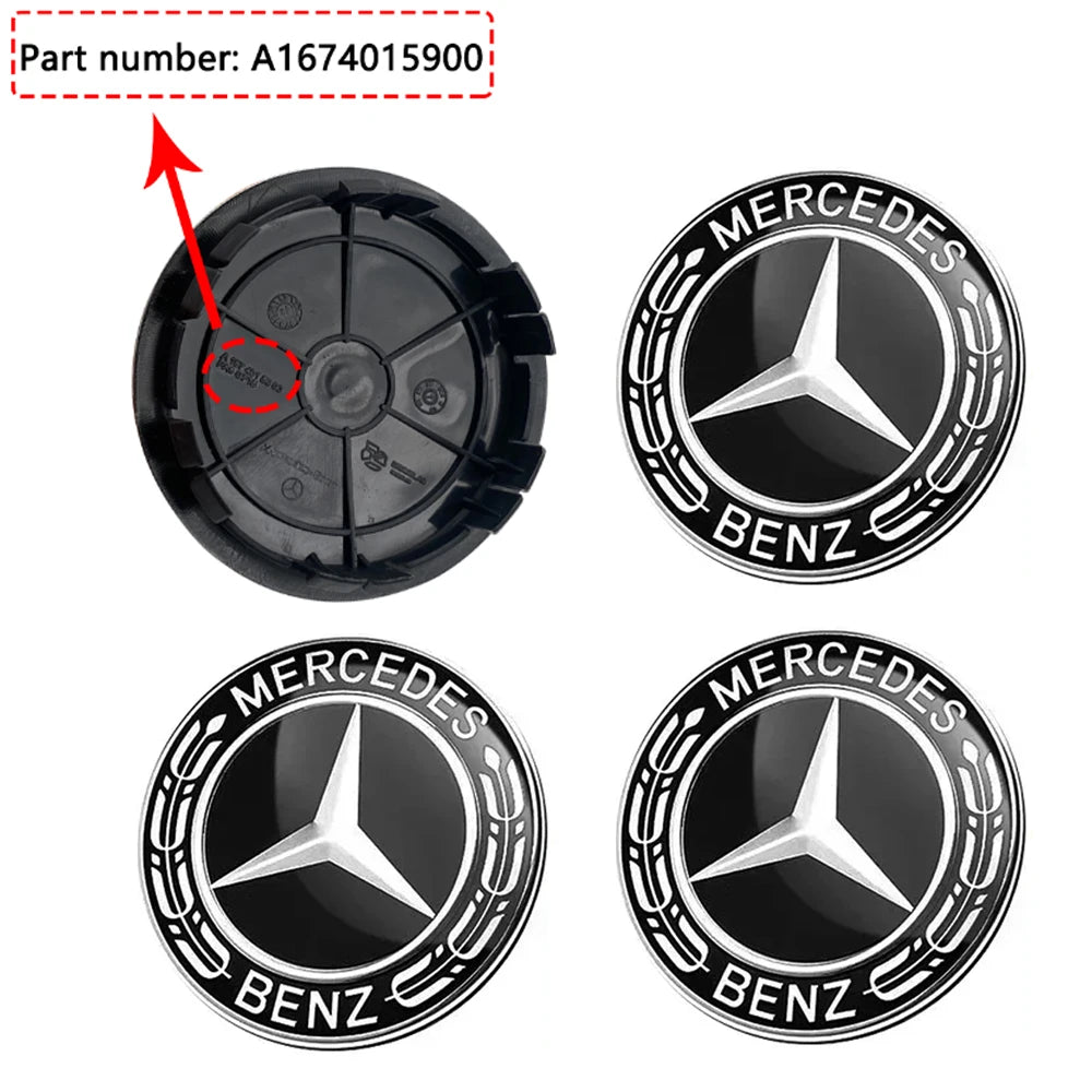 New Black 4pcs ABS 75mm/65mm 6 Pin Wheel Center Caps Rims Hub Cover Badge Logo A1674015900 Accessories For Mercedes Benz
