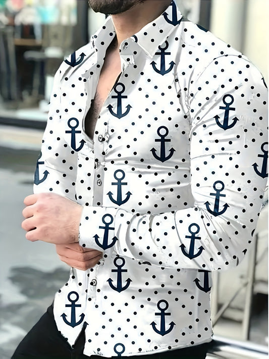Men'S Casual Nautical Anchor Print Long Sleeve Shirt, 95% Polyester 5% Spandex, Regular Fit, Woven Fabric, Spring/Fall Season, Button Detail, Lapel Collar, 120gsm