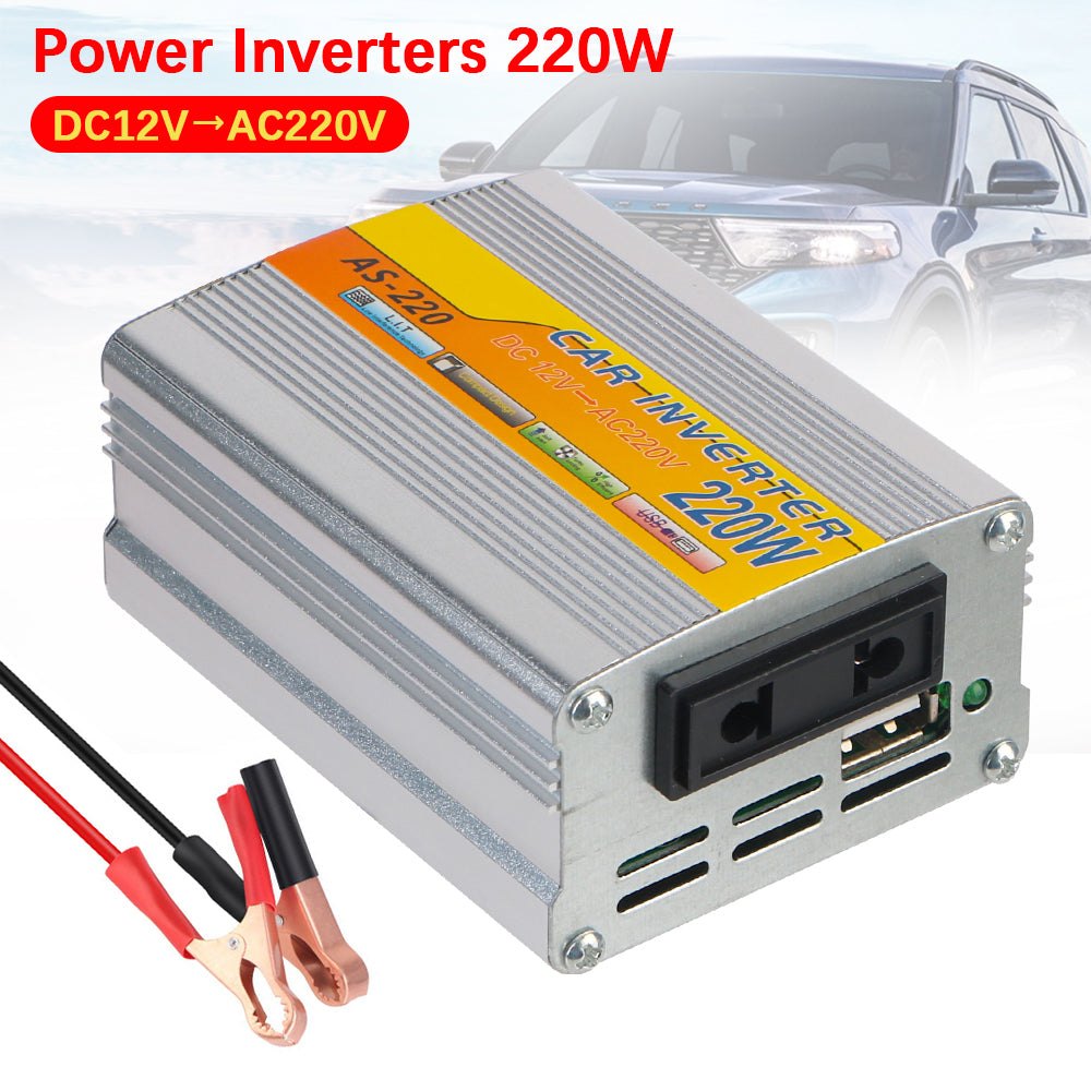 220W Power Inverter Car Mounted Solar Inverter USB Voltage Transformer Portable DC 12V To AC 220V Conversion USB Battery Clip
