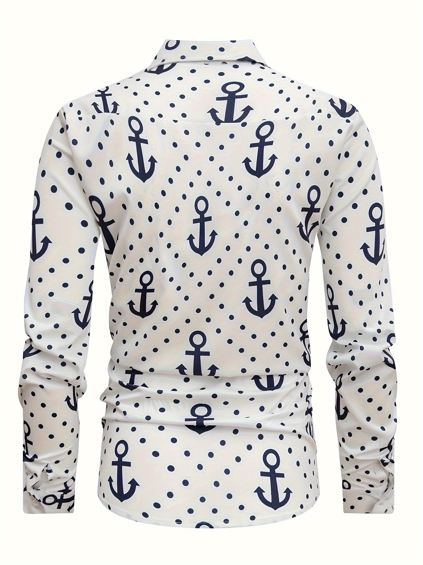 Men'S Casual Nautical Anchor Print Long Sleeve Shirt, 95% Polyester 5% Spandex, Regular Fit, Woven Fabric, Spring/Fall Season, Button Detail, Lapel Collar, 120gsm